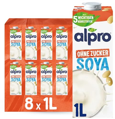 Alpro Sojadrink – Vegan und milchfrei – Von Natur aus laktosefrei und fettarm – Reich an pflanzlichen Proteinen, beinhaltet Calcium und Vitamine – 8 x 1 L – Haltbar