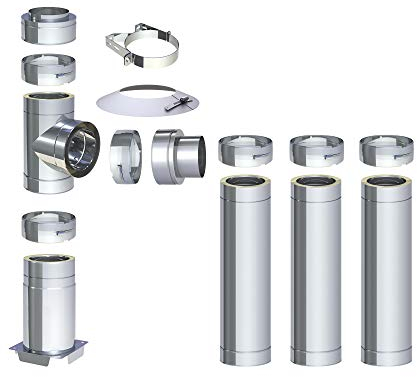 H&M DW New-Line Schornstein-Paket 4,2m Ø 150mm Edelstahl Bausatz doppelwandig 25mm Isolierung 0,5mm Wandstärke Design Aussen-Kamin Set Holz-Ofen Kamin-Einsatz