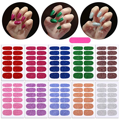 MWOOT 10 Blatt Glitzer Nagelaufkleber mit Nagelfeilen,Nail Art Aufkleber Feste Farben Nagelsticker,Design Selbstklebende Maniküre Sticker Schöne Mode DIY Dekoration
