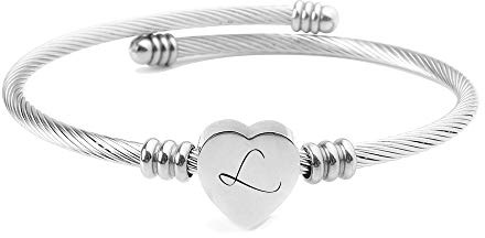 ShopINess Damen Armband mit Buchstabe A-Z – Herz Armband Silber aus Edelstahl, Offenes Verstellbares Armband, Personalisierter Schmuck Geschenk für Mama Tochter Freundin oder Partnerin