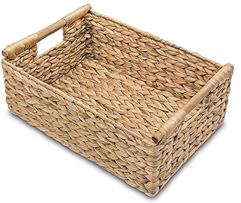 Piarktoy Cesta de mimbre rectangular con asas de madera para estantes, cesta de jacinto de agua, cestas naturales para organizar B