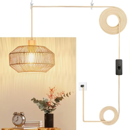 Qingmiao Boho Plug in Pendant Light, Rattan Hanging Lamp Plug in with Woven Shade, 3-Way Dimmable Hanging Light Fixture for Living Room Bedroom Kitchen Ceiling Farmhouse Home Decor
