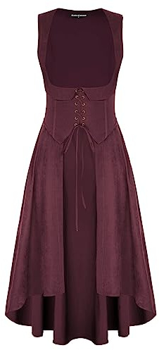 Scarlet Darkness Renaissance-Kostüm für Damen, Unterbrustkleid, Piraten-Bauernkleid, hoch niedrig, Kleid mit Taschen, Wein, Groß
