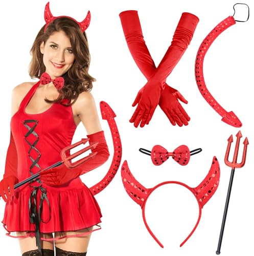SelfTek Costume da Diavolo, 5 Pezzi, Donna, Per Halloween, Cosplay, Maschera, Carnevale
