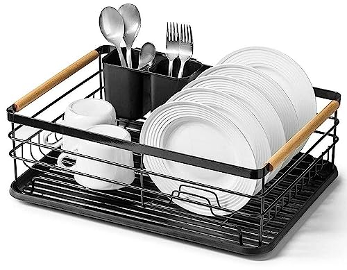 RICOO Kompaktes Abtropfgestell Geschirr, Abtropfgitter mit Tablett und Besteckhalter, Geschirrabtropfgestell KA001 für Küche, Abtropfhalter, Geschirrablage für Spüle, 43 x 30,5 x 14 cm, Schwarz