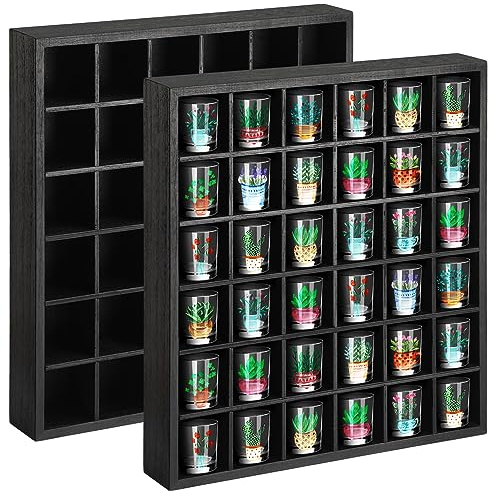Geetery Black Wooden Shot Glass Display Case Shot Glasses Holder 36 Slots Mini Thimble Collection Display Rack Freestanding