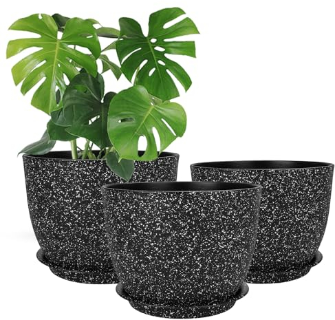 CSYY 25/23/20cm Plant Pots Indoor, Large Plastic Plant Pots, Flower Pots Outdoor Self Watering Indoor Plant Pot with Drainage Holes and Tray, Plastic Planter for Garden House Plants(Black)