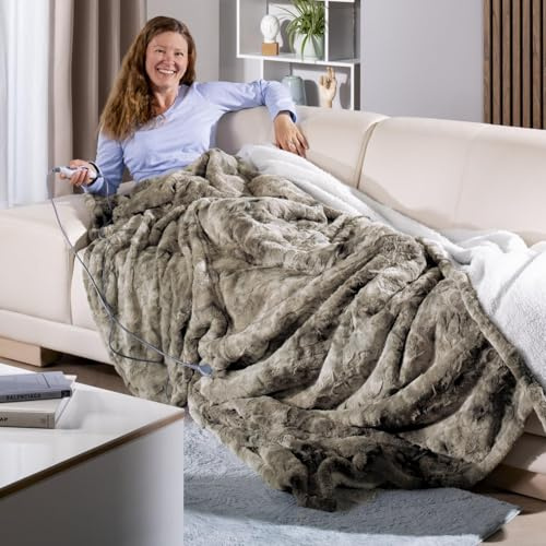Delindo Lifestyle 09004197 Grande couverture chauffante XXL avec arrêt automatique 9 niveaux de température, aspect peau d'agneau, 215 x 240 cm, beige