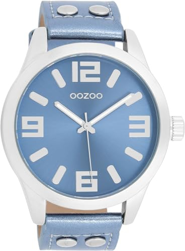 Oozoo - Timepieces Damen Uhr metallic Blue | Armbanduhr Damen mit Lederarmband | Moderne Uhr für Frauen - Edle Analog Damenuhr in rund C1079 (46mm)