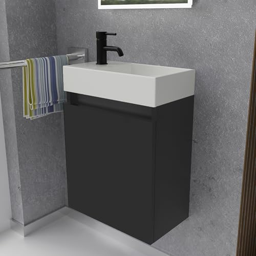 Alpenberger Gäste WC Waschbecken mit Unterschrank 45 cm | Badezimmerschrank Schmal | Badmöbel Set Waschplätze für Kleine Bäder | Waschbeckenunterschrank (Schwarz Matt, Waschbecken - Rechte Seite)
