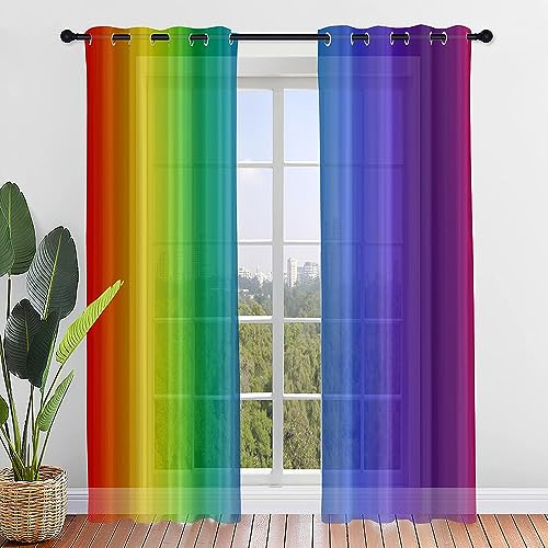 ENEN 2er Set Scheibengardinen 3D Regenbogen Halbtransparent Bistrogardine, Schlaufengardinen Gardinen Küche, Türgardine für Küche Wohnzimmer Landhaus (132x213cm,Buntes)