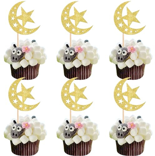 SYKYCTCY 24 Pack Moon and Star Eid Mubarak Cupcake Toppers Glitter Star Ramadan Kareem Cupcake Pick Islamic Muslim Theme Party Cake Decoration Supplies Gold