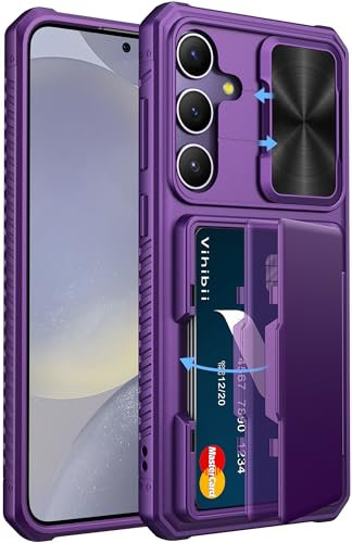 Vihibii for Samsung Galaxy S24 Plus Case with Slide Camera Protection Cover, Built-in Card Holder (4 Cards) & Kickstand, Shockproof Hard Rugged Wallet Phone Case for S24 Plus 6.7 2024, Dark Purple