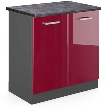 Vicco Spülenunterschrank R-Line, Rot Hochglanz, 80 cm | 2 Türen · AP Anthrazit inkl. · Höhenverstellbare Füße · Großer Innenraum ✓ · ✓ Frei kombinierbar