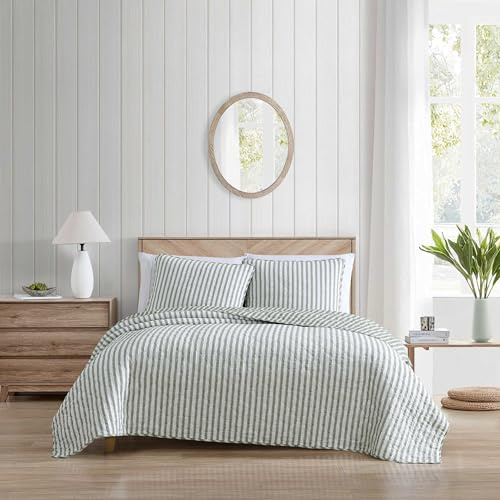 Stone Cottage - Twin Quilt Set, Reversible Cotton Bedding with Matching Shams, Striped Ideal Bedding Set (Willow Way Green, Twin)