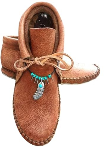 Bottines Femme Plates Cuir Mode Mocassin Bottes Courtes Vintage Ethnique Bout Rond rétro Confortables Légères Tendance Boots Chaussures 39 Brun