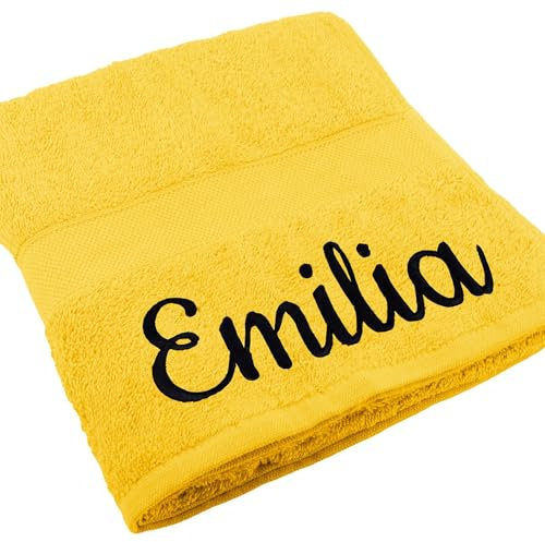 Deitert Handtuch Juist mit Namen oder Wunschtext Bestickt, personalisiertes Duschtuch, individuelles Badetuch, 100% Baumwolle, 50 x 100 cm gelb