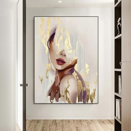 NXMYDBD Abstraktes Frauenplakat, Mode, modernes goldenes Leinwandgemälde, Heim-Wohnzimmer-Dekoration, großes Porträt, Bilddrucke, 60 x 80 cm, ungerahmt