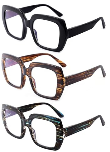 OKH Paquete de 3 Grande Gafas de Lectura Bloqueo de Luz Azul Diseño Cuadrado de Gran Tamaño y Bisagra de Resorte para Mujeres y Hombres 2.5
