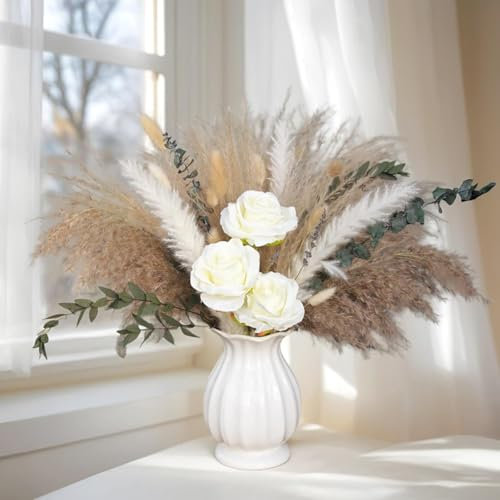 100PCS Dried Flowers with Vase, Pampas Grass with Vase Included, Centerpiece Table Decorations, Dining Table Centerpiece Decor, Coffee Table Decor, Fake Flowers Living Room Home Decor