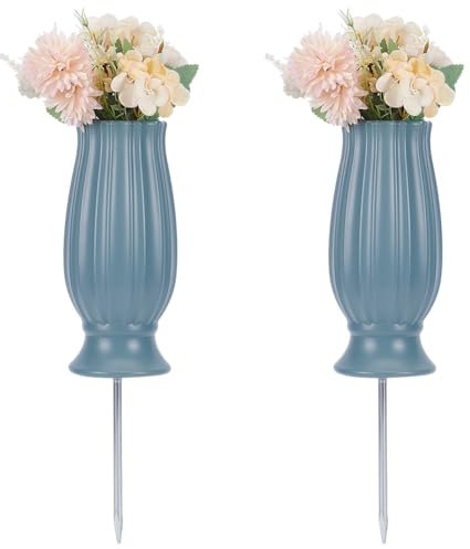 FINGERINSPIRE 2 Sets Cemetery Vases with Spikes and Drainage Holes Steel Blue Color Plastic Cemetery Vase 25cm/9.8inch High Cemetery Cone Flower Holder for Headstones Memorial Loss of Loved One