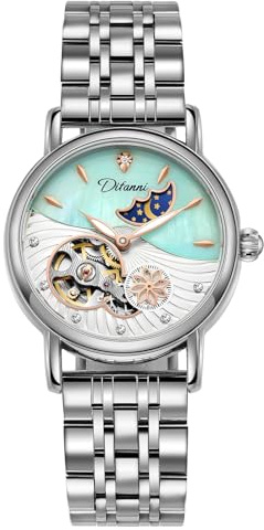 CARLIEN Damen-Armbanduhr, automatisch, mechanisch, Edelstahl, Mondphase, Lederband, selbstaufziehend, Perlen, Skelett-Zifferblatt, wasserdicht