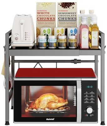 Mointal Einstellbare Küche Mikrowelle Regal, 2-Stufig Erweiterbar Küche Arbeitsplatte Mikrowelle Ständer Regale, Stehend Kohlenstoffstahl Mikrowelle Halter, Airfryer Regal mit 8 Haken, Grau | Kohlenstoffstahl, 2 Ebenen für Mikrowelle & Airfryer. 8 Küchenhaken, rostfrei, pflegeleicht und standsicher auf der Theke