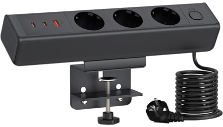Tischsteckdose mit 65W USB C, Haiaoyyds Steckdosenleiste Schreibtisch mit 3 Steckdosen, 1,8M Kabel, Überlastschutz, Schreibtisch Steckdose für Zuhause & Büro, Schwarz