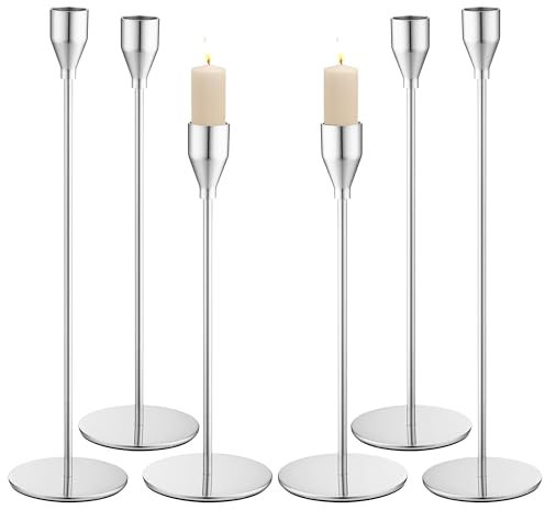 Portacandele in metallo a 6 pezzi, 33/28/23 cm Candelabro a tre altezza, eleganti eleganti candelabri decorativi adatti per matrimoni, feste, compleanni, decorazione per la casa (Argento)