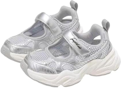 Sandali sportivi a punta chiusa per ragazze scarpe estive in rete traspirante per bambini piccoli e grandi, Argento, 31 EU