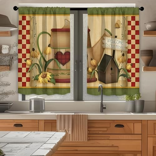 Highdi 2 Stück Kurzgardine Modern Wohnzimmer Küchen, 3D Kurzer Vorhang Fenster Durchscheinend Fenstergardinen, Bistrogardine Stab Tasche Halbe Fenster Behandlung (Holzhaus,W80xL120cm)