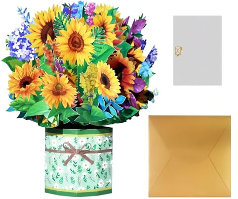 HSUYUN Pop-Up Karte Blumen, 3D-Stereoeffekt Pop-up Karte Muttertag, Faltbar Popup Blumenstrauß, mit Grußkarte und Umschlag, 3D Sonnenblumen-Blumenstrauß, für Dekoration und Geschenk Geeignet