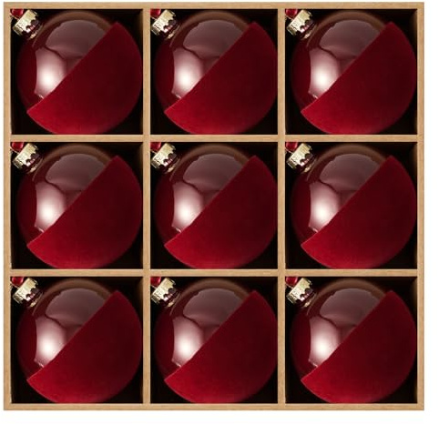 DN DECONATION Weihnachtskugeln Set aus 9 roten Glas-Christbaumkugeln 8 cm | mit Teil-Flocking, 8 cm Weihnachtsbaumschmuck mit Samtband für Weihnachtsbaum Deko
