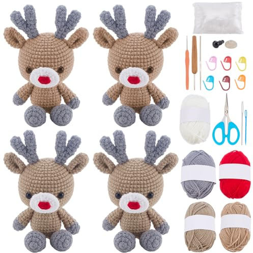 WEBEEDY 4 Set Weihnachtsrentier Häkelset Für Anfänger Niedliches Tier Häkel Starter Set Mit Anleitung Farben Garne DIY Strickbedarf Für Weihnachtsdekorationen