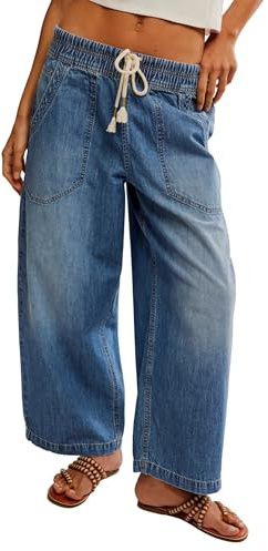 Majdan Wide Leg Jeans for Women Casual Relaxed Cropped Boyfriend Denim Pants Capri Ankle Pants with Pockets (NavyBlue-S)