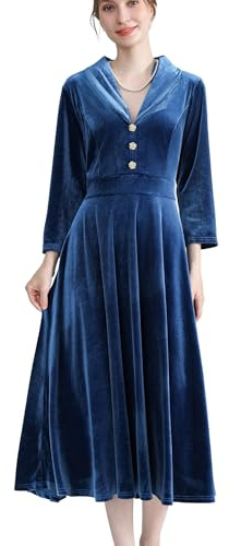 AXOE Femme Robe Velours Elegant Vintage Midi Manches 3/4 Vêtements Hiver Soiée Fete Mariage Invité