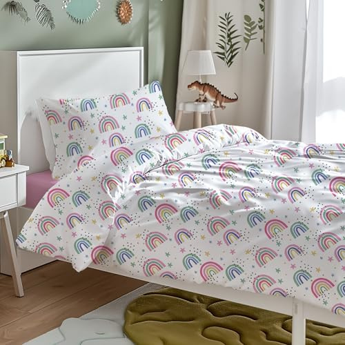 Juego de Funda Nórdica Infantil para Cama 105 cm de 3 Piezas - Funda Nórdica 160x220cm con 1 Fundas de Almohada y Bajera Ajustable,Patrón Unicornio de Poliéster Muy Suave y Transpirable