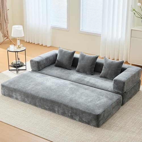 KOMHTOM Petit Canapé 2 Places en Chenille avec Coussins Confortables, DIY Libre et Poches Latérales - Canapé Convertible Multifonctionnel Moderne (Gris-A)