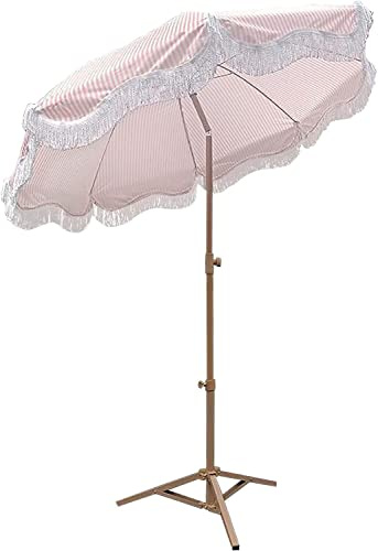 2m Large Garden Umbrella with Tilt Mechanism - Folding Beach Parasol, Sun Protection, Durable Polyester Fabric, Metal Pole, Outdoor Patio Shade, Storage Length 115cm, Pink & White