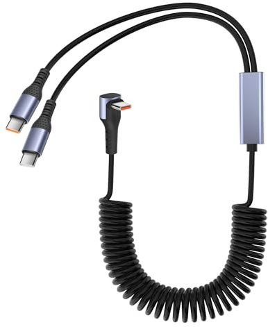 YACSEJAO 66W Right Angle USB C to USB C 2 in 1 Coiled Charging Cable for Phone/Car,90 Degree Retractable Spring Cord Splitter 6A Fast Charging & Data Sync (USB C to 2 USB C)