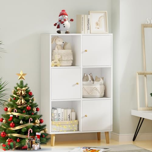 DHHOZAMZ Bücherregal Mit Türen, Raumteiler Regal, Würfelregal Weiß, Standregal Mit Türen, Bookcase, Bücherregal aus Holz für Wohnzimmer, Arbeitszimmer und Büro. (Weiß-s, 64.5x30x109.5cm)