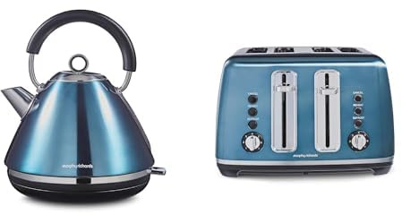 Morphy Richards Accents Kettle & Toaster Bundle, 1.5L, 3KW Rapid Boil Pyramid Kettle & 4 Slice Toaster Set, Easy Operation, User Friendly, Stylish Retro Design, Matching Set, Blue, 102049 | 242049