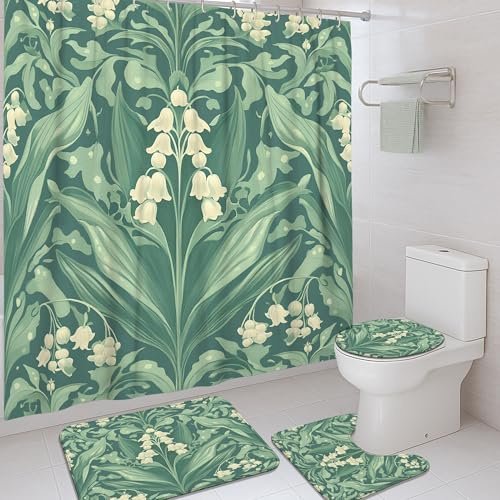 Juego de cortinas de ducha de lirio, hojas botánicas florales, primavera, verde, poliéster, impermeable, juego de cortinas de ducha con alfombras decorativas para bañera o dormitorio, 72 x 72 pulgadas