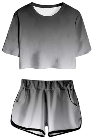 Chándal para niña, ropa deportiva, chándal, traje deportivo para niños, conjunto de verano con parte superior de manga corta, pantalones cortos para niñas, con estampado, bonito bolsillo cuello