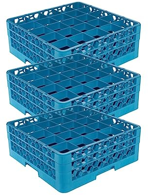 Carlisle FoodService Products OptiClean Plastic 25-Compartment Divided Glass Rack with Extender, Blue, (Pack of 3)
