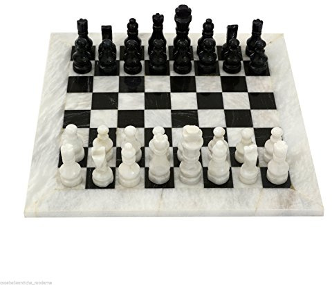 Schachbrett mit schwarz-weißen Marmorintarsien, Schachspiel aus italienischem Marmor, Schachbrett: 30x30 cm, Classic Home Design.