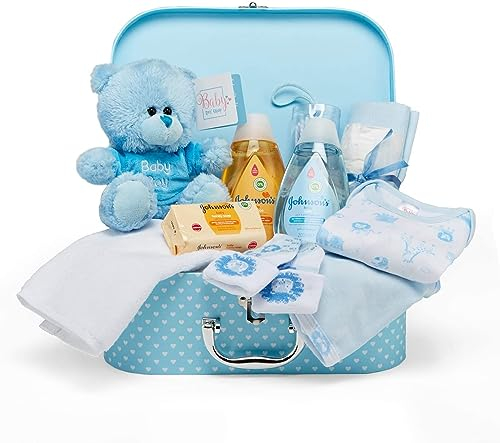 Geschenkset für Neugeborene für Jungen – handverpackter blauer Korb mit Koffer-Aufbewahrungsbox, Stofftierbär, Pucktuch aus Musselin, Kleidung und Essentials