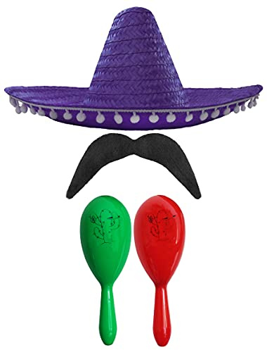 MEXIKANSK FANCY TRÄDGÅRDSTILLBEHÖRSSET - MEXIKAN SOMBRERO MED MARACAS OCH TASH (Lila POM POM SOMBRERO + grön och röd MARACAS)