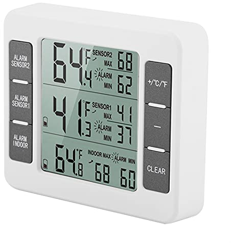 Digital Wireless Refrigerator Thermometer with LCD Display, Indoor Outdoor Temperature Monitor, -40°C to 60°C Range, Dual Remote Sensors, Audible Alarm for Freezer and Fridge