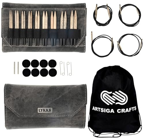 Lykke Stricknadeln, rund, bar, Treibholz, 9 cm lang, inkl. Artsiga Crafts Project Tasche 3.5-inch-(9cm)-Tip-Set grau